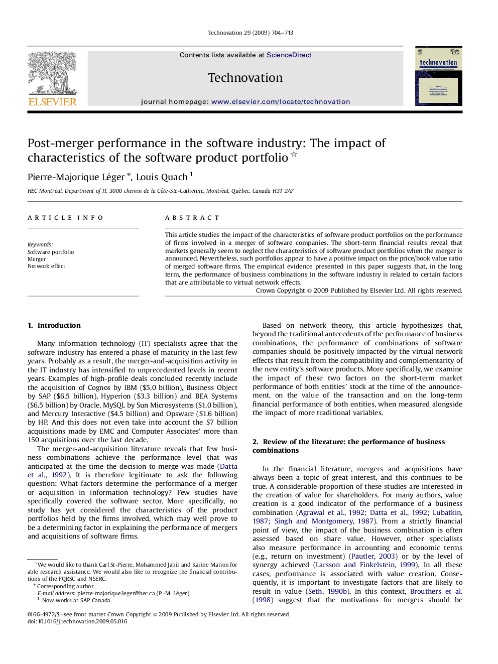 Post-merger performance in the software industry: The impact of characteristics of the software product portfolio 