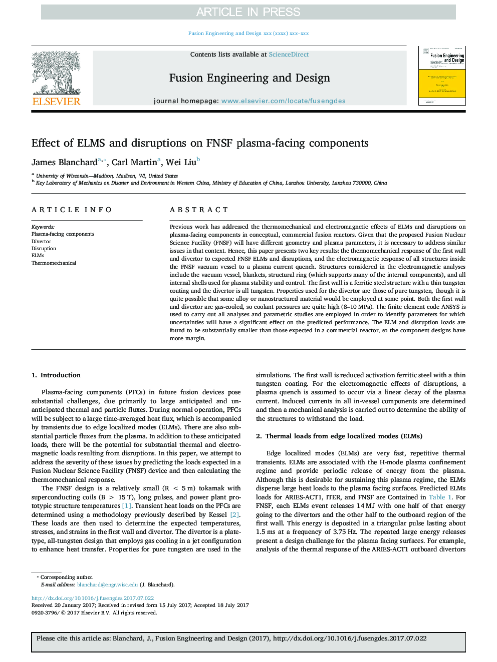 Effect of ELMS and disruptions on FNSF plasma-facing components