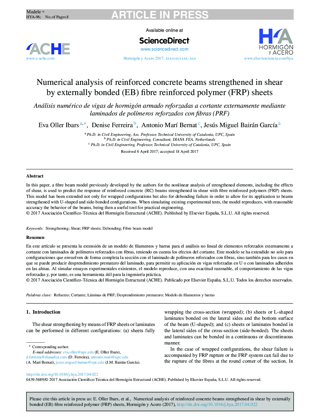 Numerical analysis of reinforced concrete beams strengthened in shear by externally bonded (EB) fibre reinforced polymer (FRP) sheets