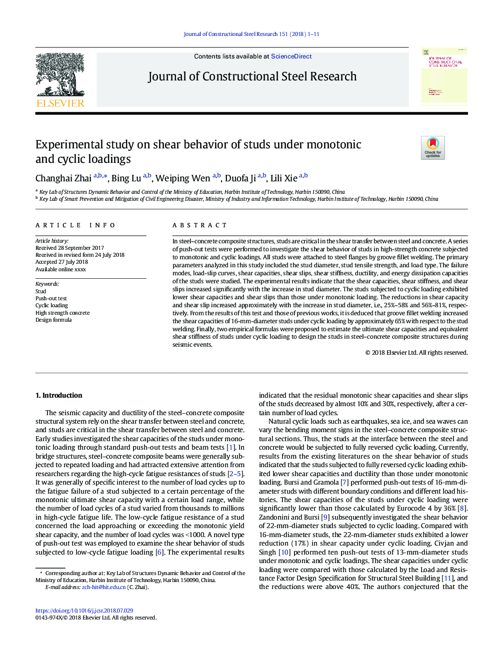 Experimental study on shear behavior of studs under monotonic and cyclic loadings