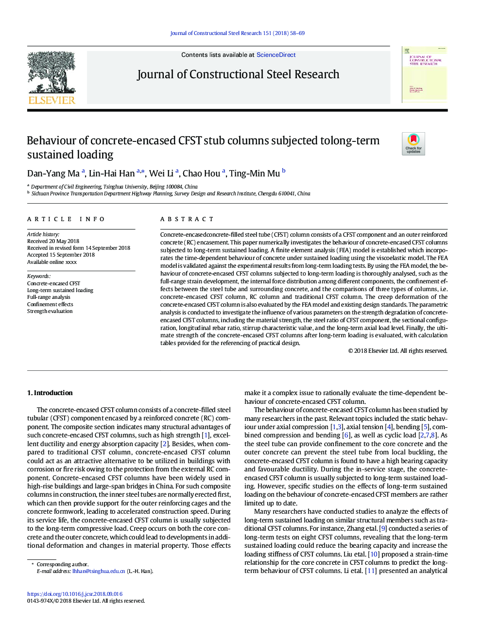 Behaviour of concrete-encased CFST stub columns subjected tolong-term sustained loading