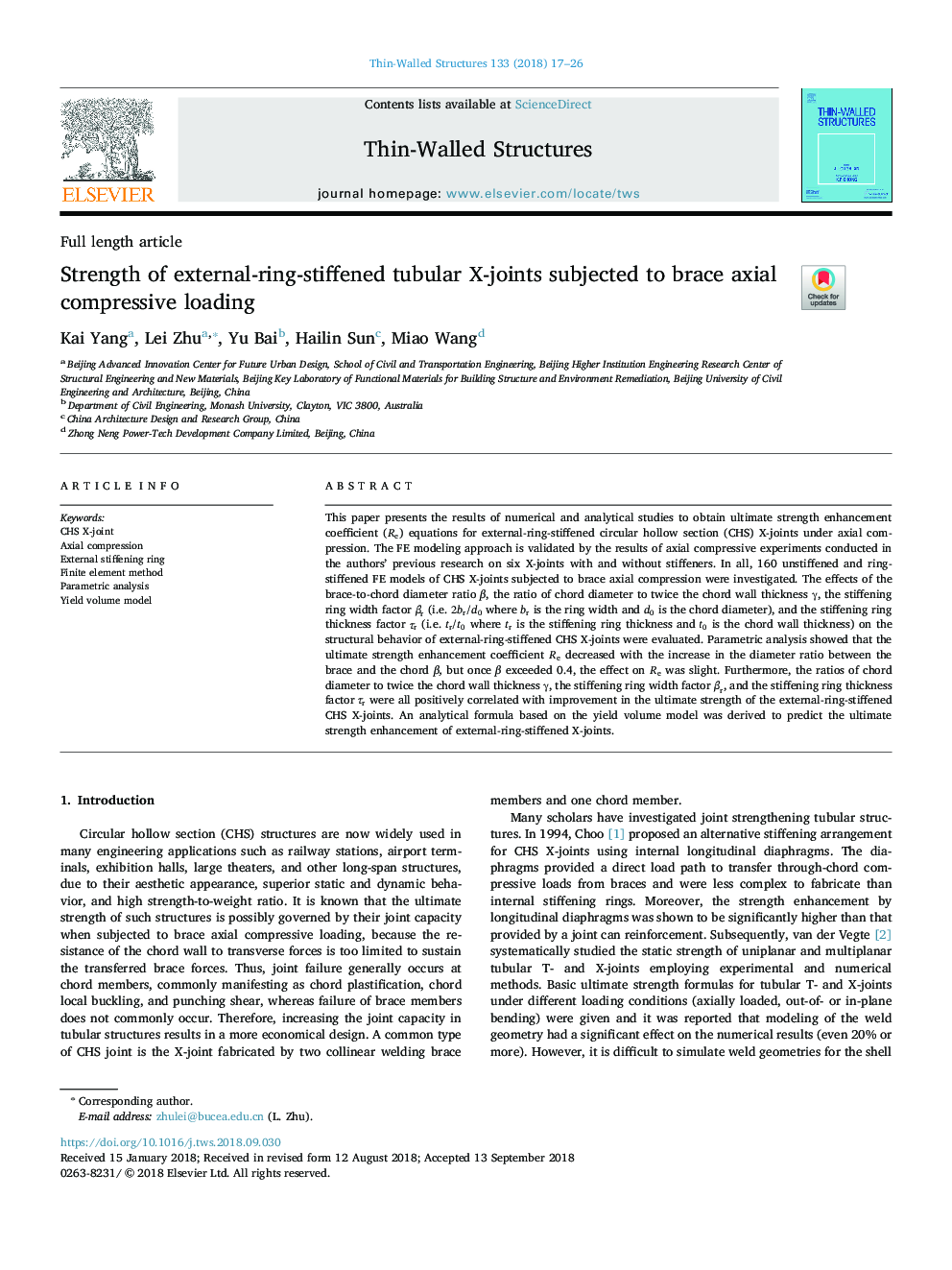 Strength of external-ring-stiffened tubular X-joints subjected to brace axial compressive loading