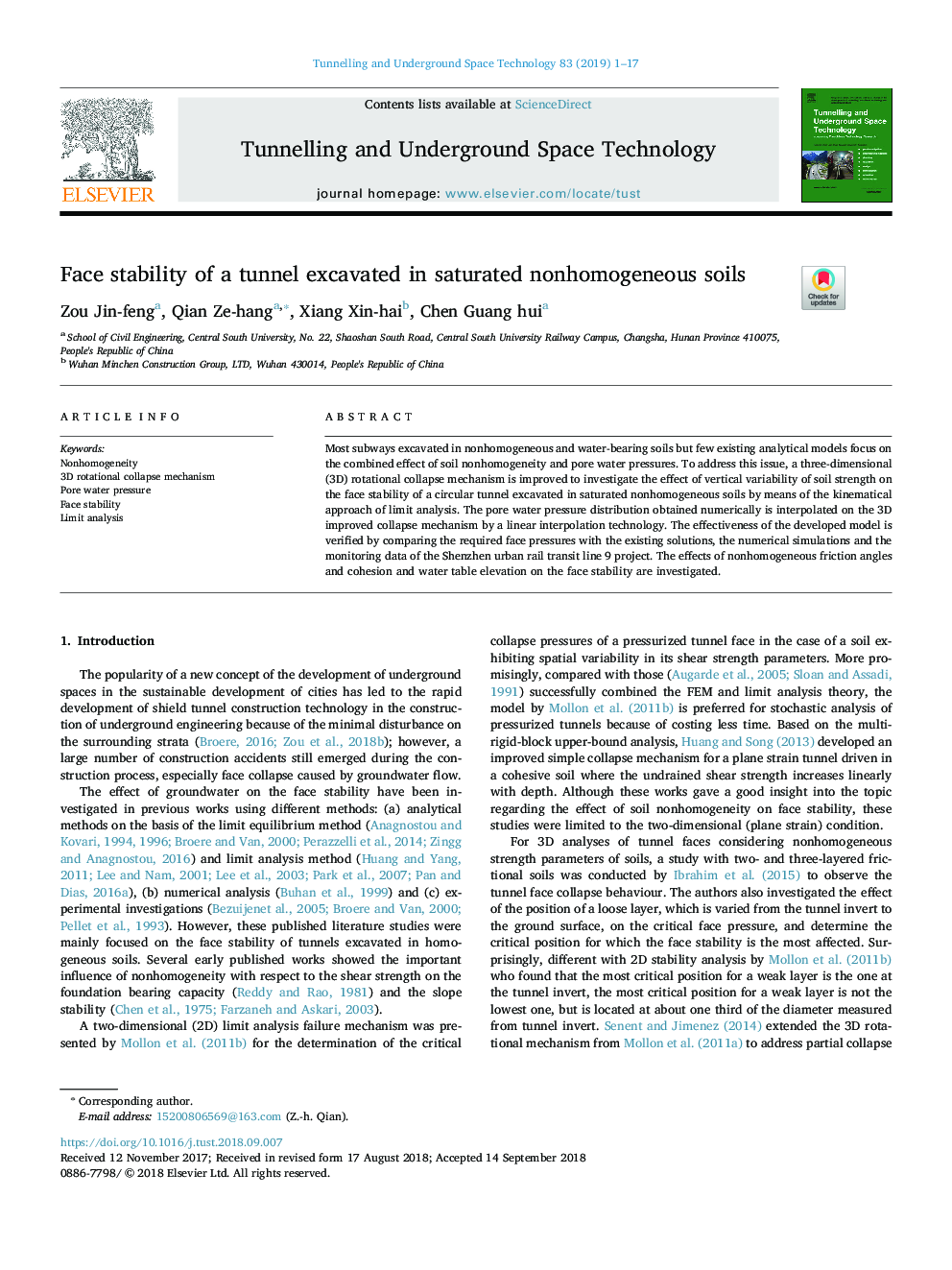 Face stability of a tunnel excavated in saturated nonhomogeneous soils