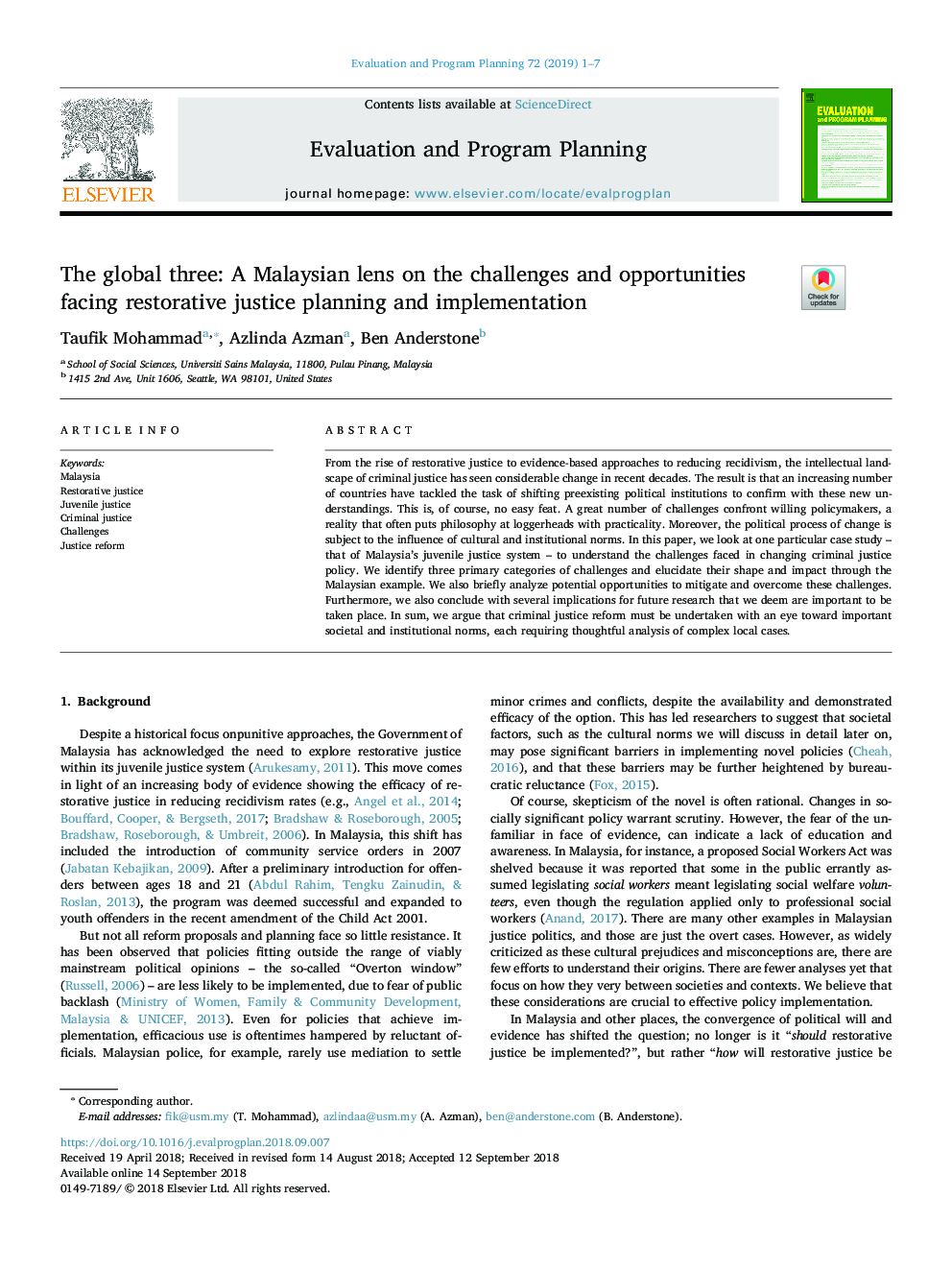 The global three: A Malaysian lens on the challenges and opportunities facing restorative justice planning and implementation