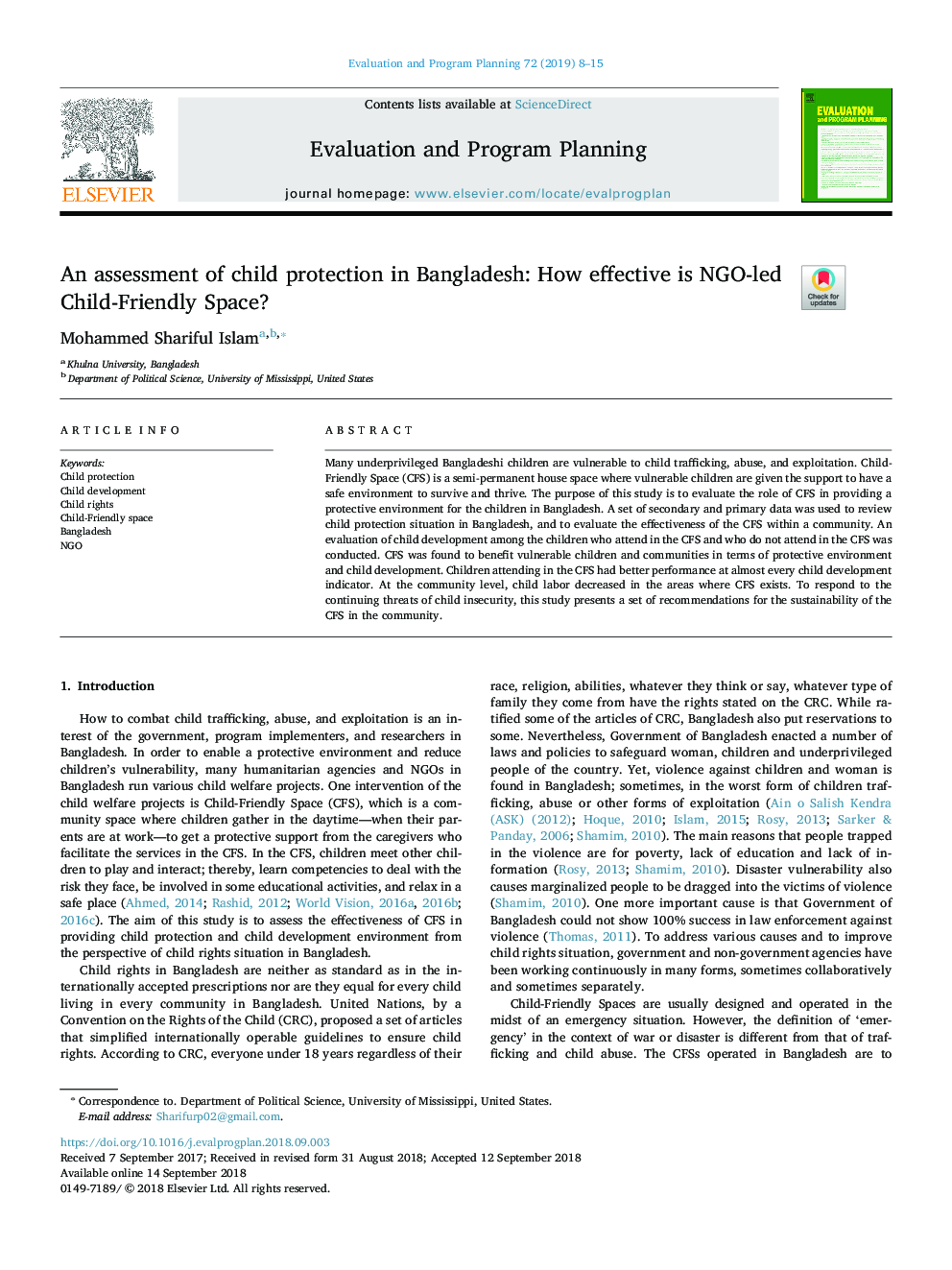 An assessment of child protection in Bangladesh: How effective is NGO-led Child-Friendly Space?