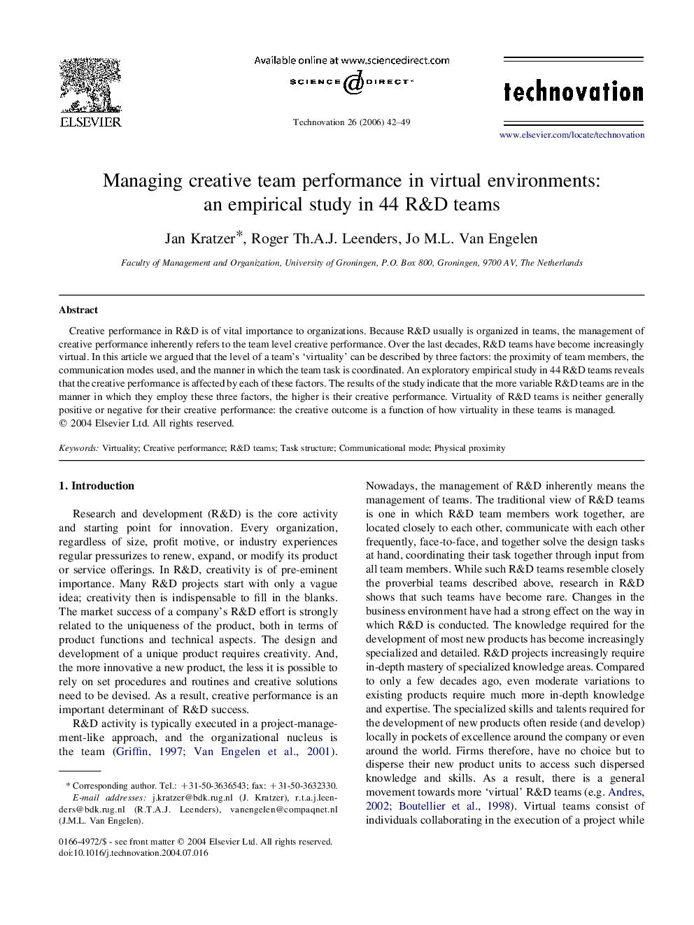 Managing creative team performance in virtual environments: an empirical study in 44 R&D teams