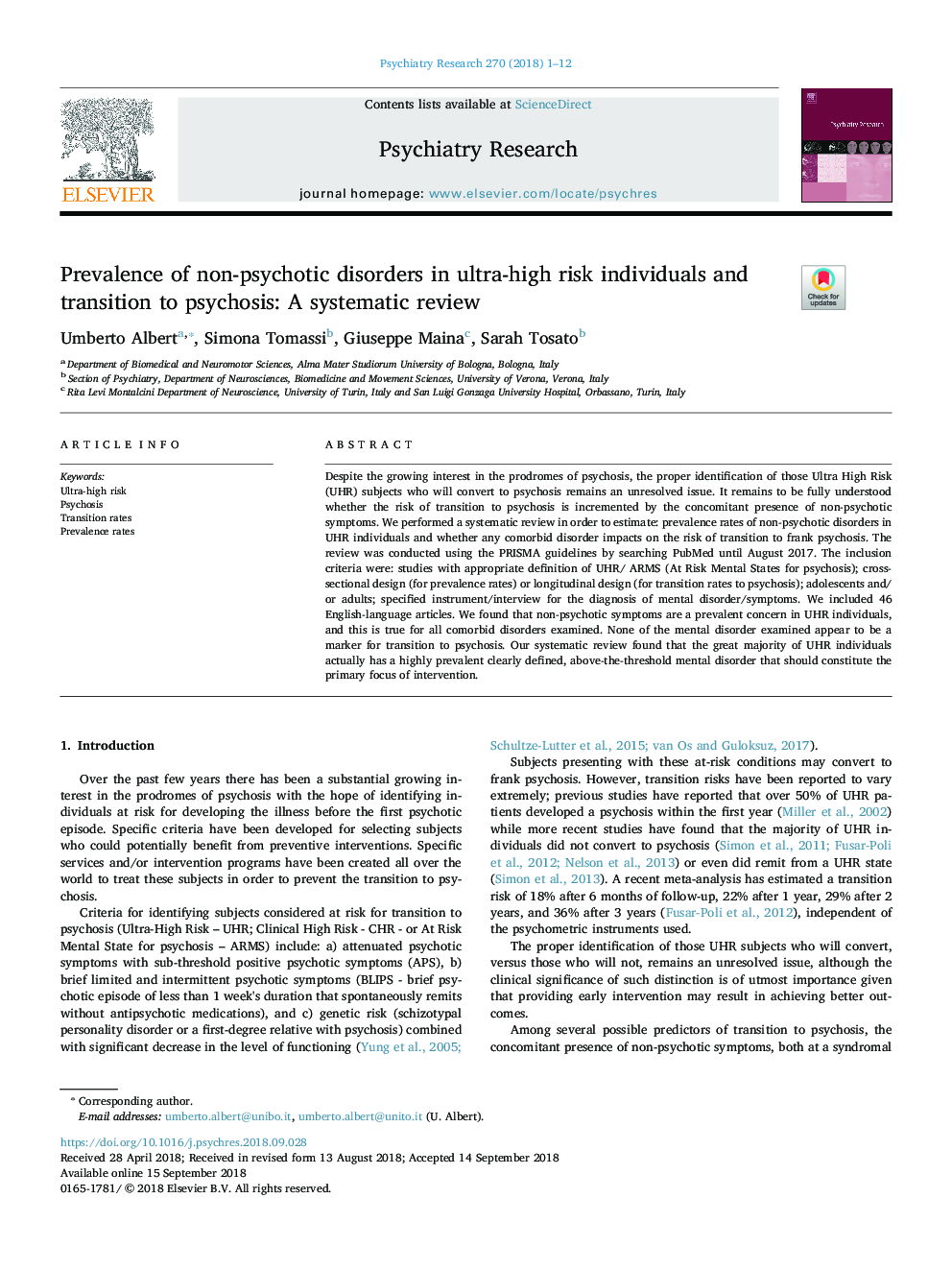 Prevalence of non-psychotic disorders in ultra-high risk individuals and transition to psychosis: A systematic review