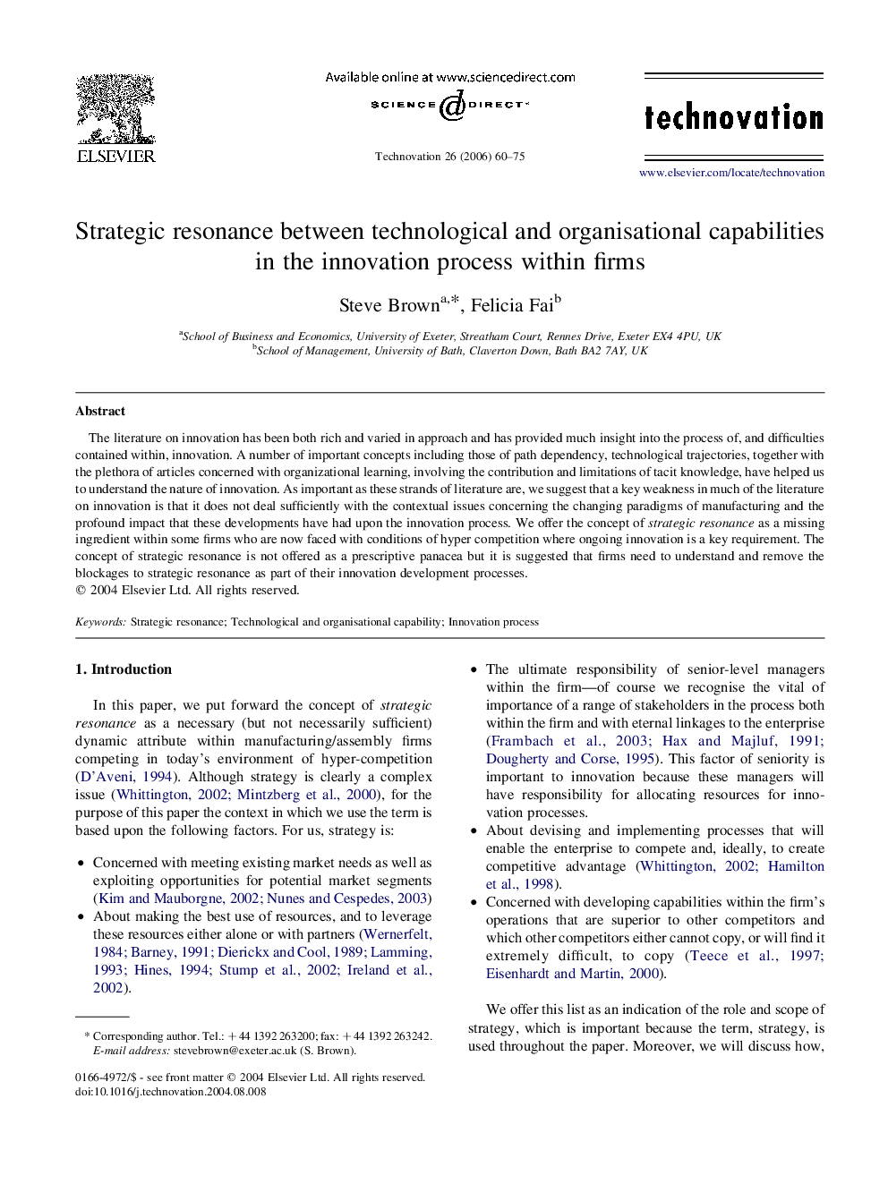 Strategic resonance between technological and organisational capabilities in the innovation process within firms