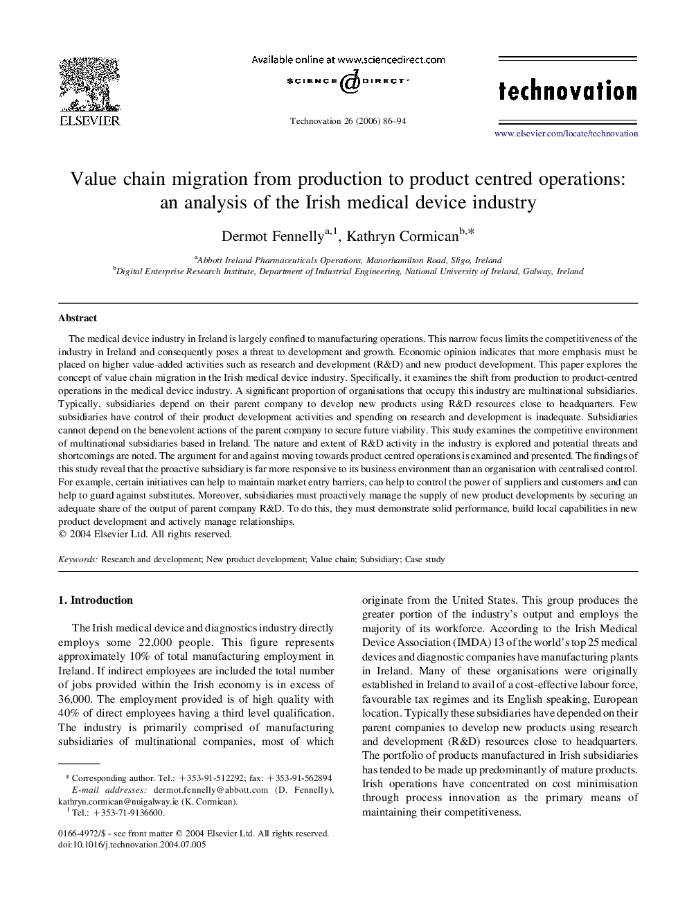 Value chain migration from production to product centred operations: an analysis of the Irish medical device industry