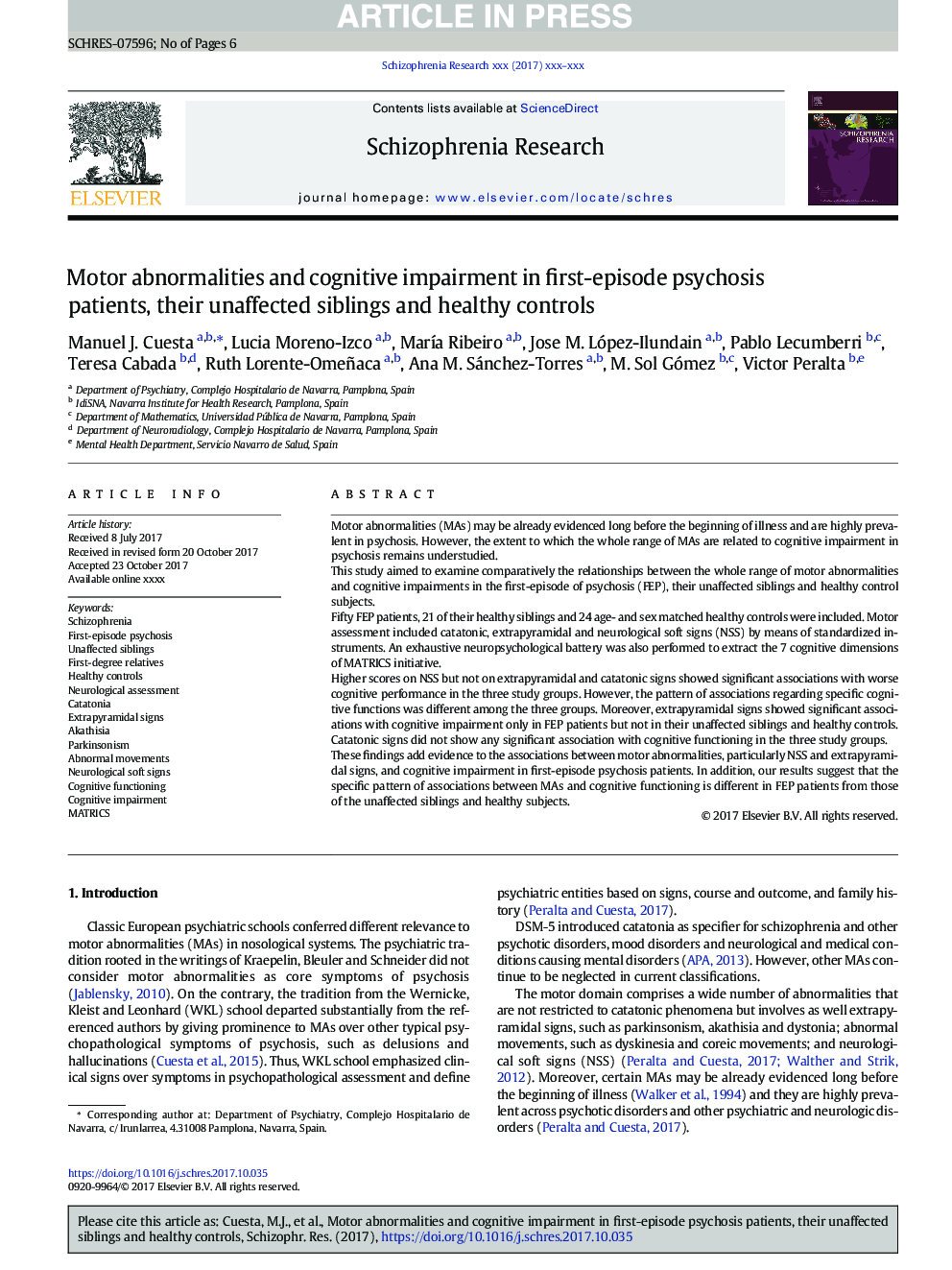 Motor abnormalities and cognitive impairment in first-episode psychosis patients, their unaffected siblings and healthy controls