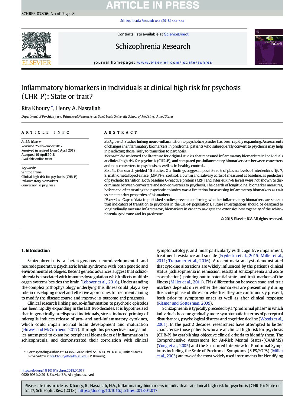 Inflammatory biomarkers in individuals at clinical high risk for psychosis (CHR-P): State or trait?