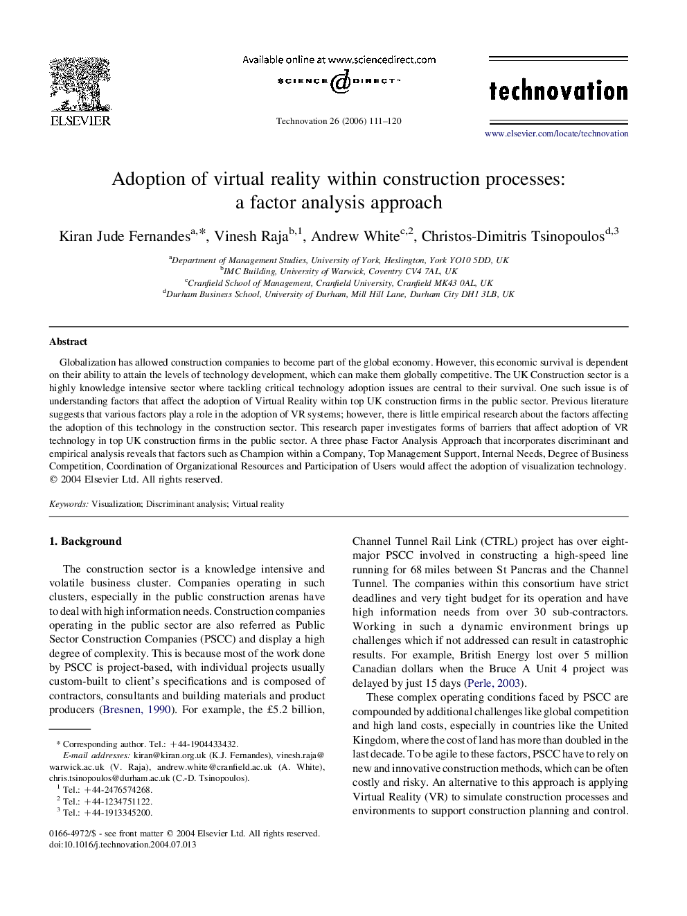 Adoption of virtual reality within construction processes: a factor analysis approach