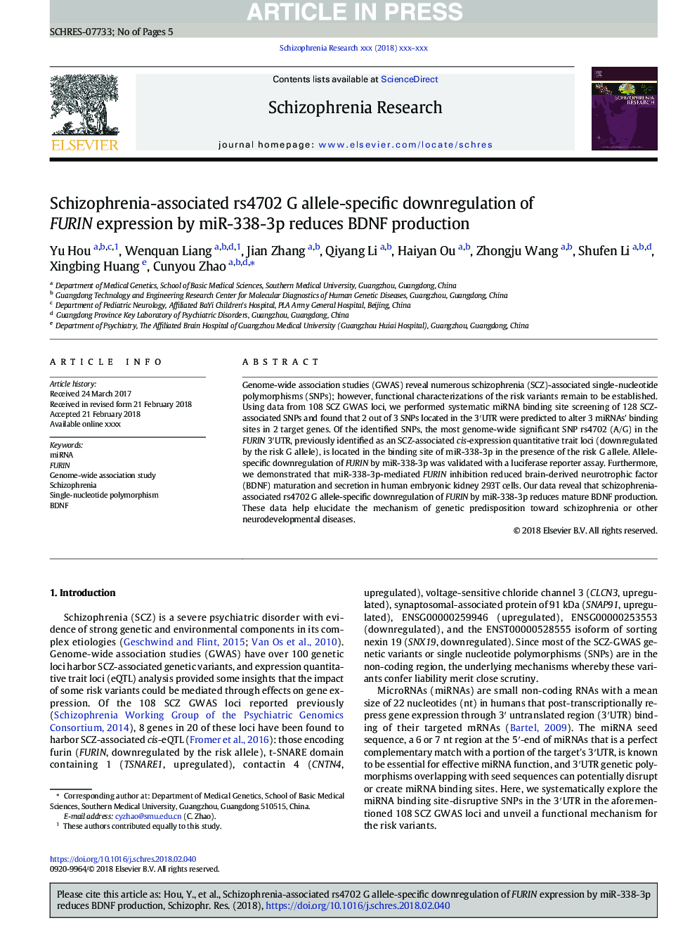 Schizophrenia-associated rs4702 G allele-specific downregulation of FURIN expression by miR-338-3p reduces BDNF production