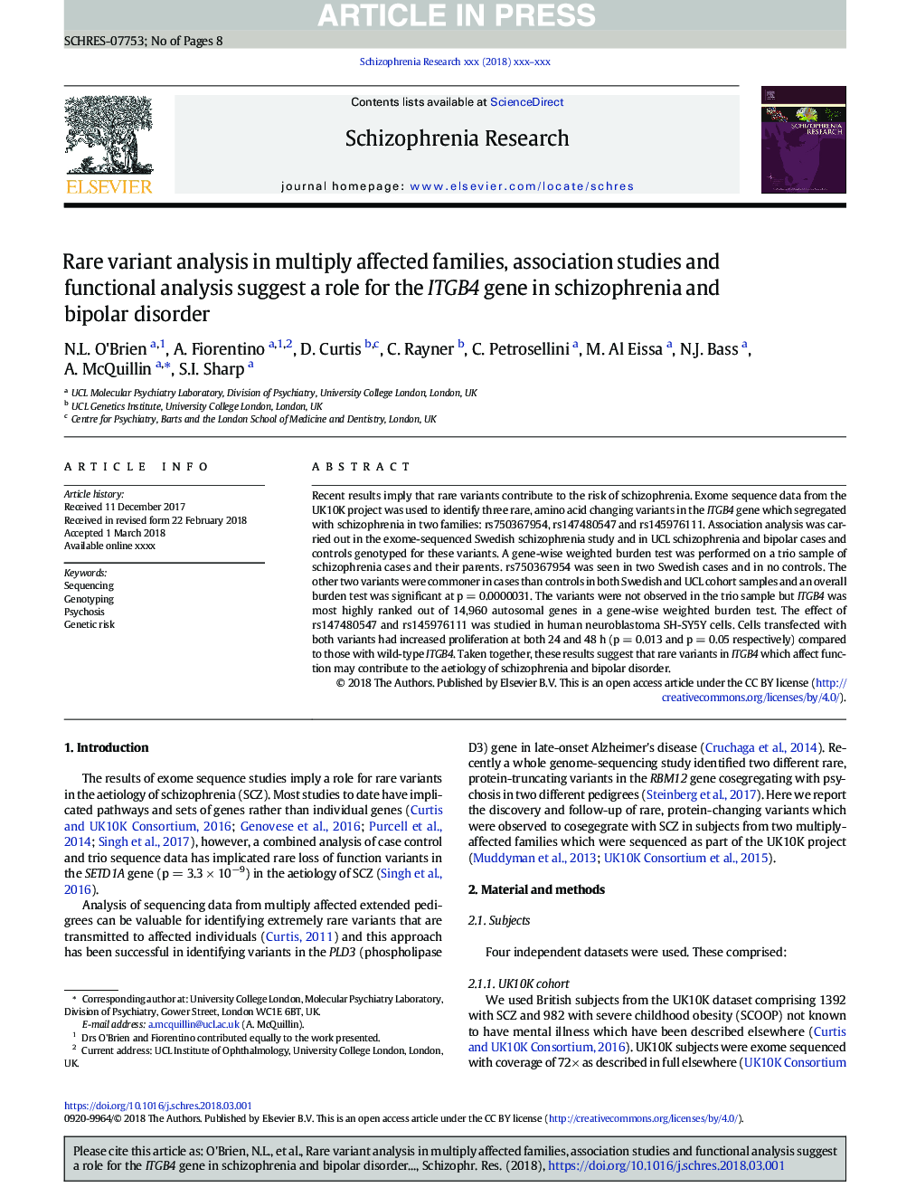 Rare variant analysis in multiply affected families, association studies and functional analysis suggest a role for the ITGÎ4 gene in schizophrenia and bipolar disorder