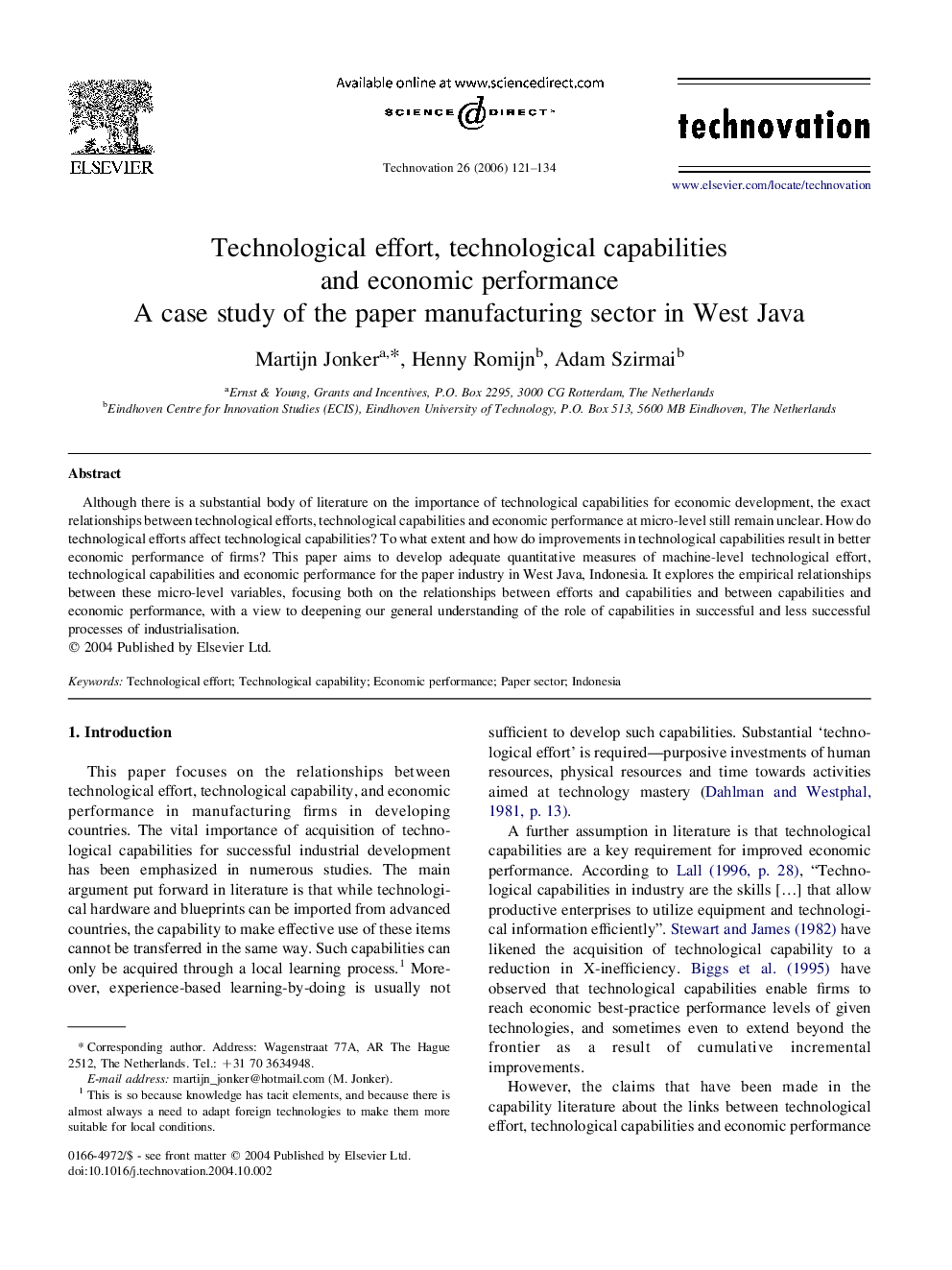 Technological effort, technological capabilities and economic performance: A case study of the paper manufacturing sector in West Java