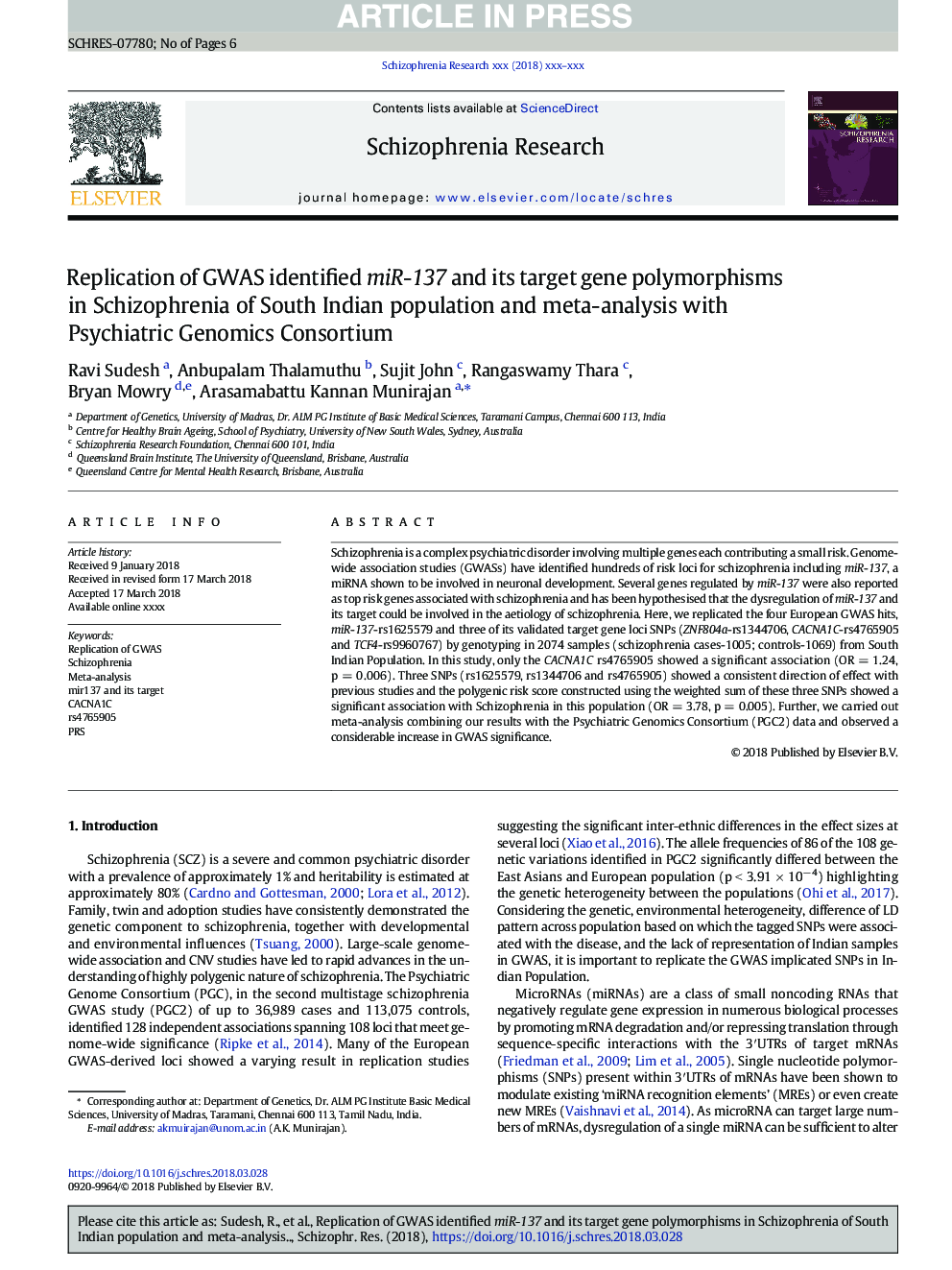 Replication of GWAS identified miR-137 and its target gene polymorphisms in Schizophrenia of South Indian population and meta-analysis with Psychiatric Genomics Consortium