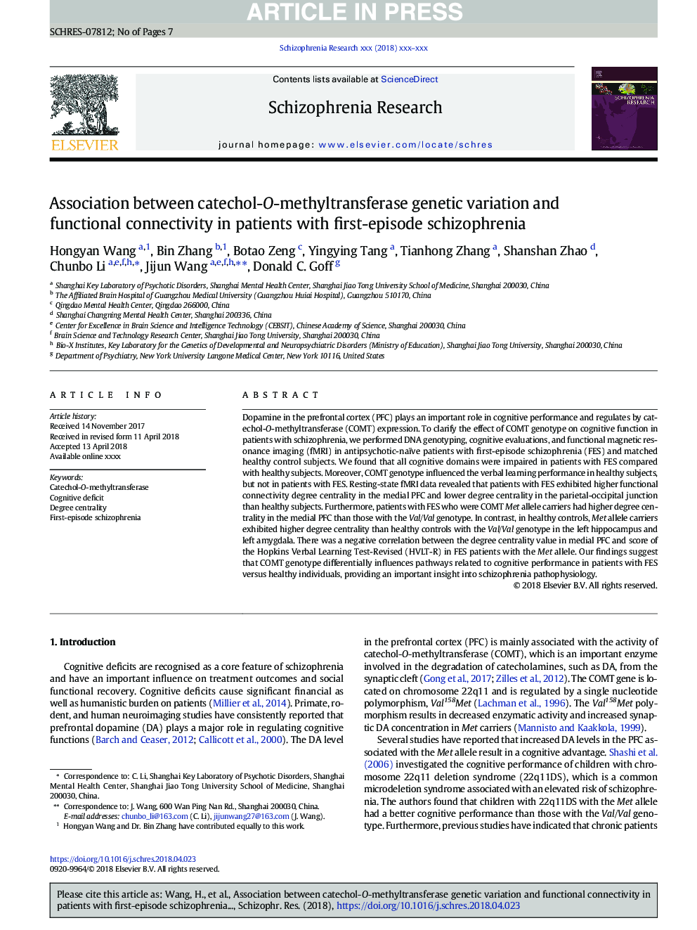 Association between catechol-O-methyltransferase genetic variation and functional connectivity in patients with first-episode schizophrenia