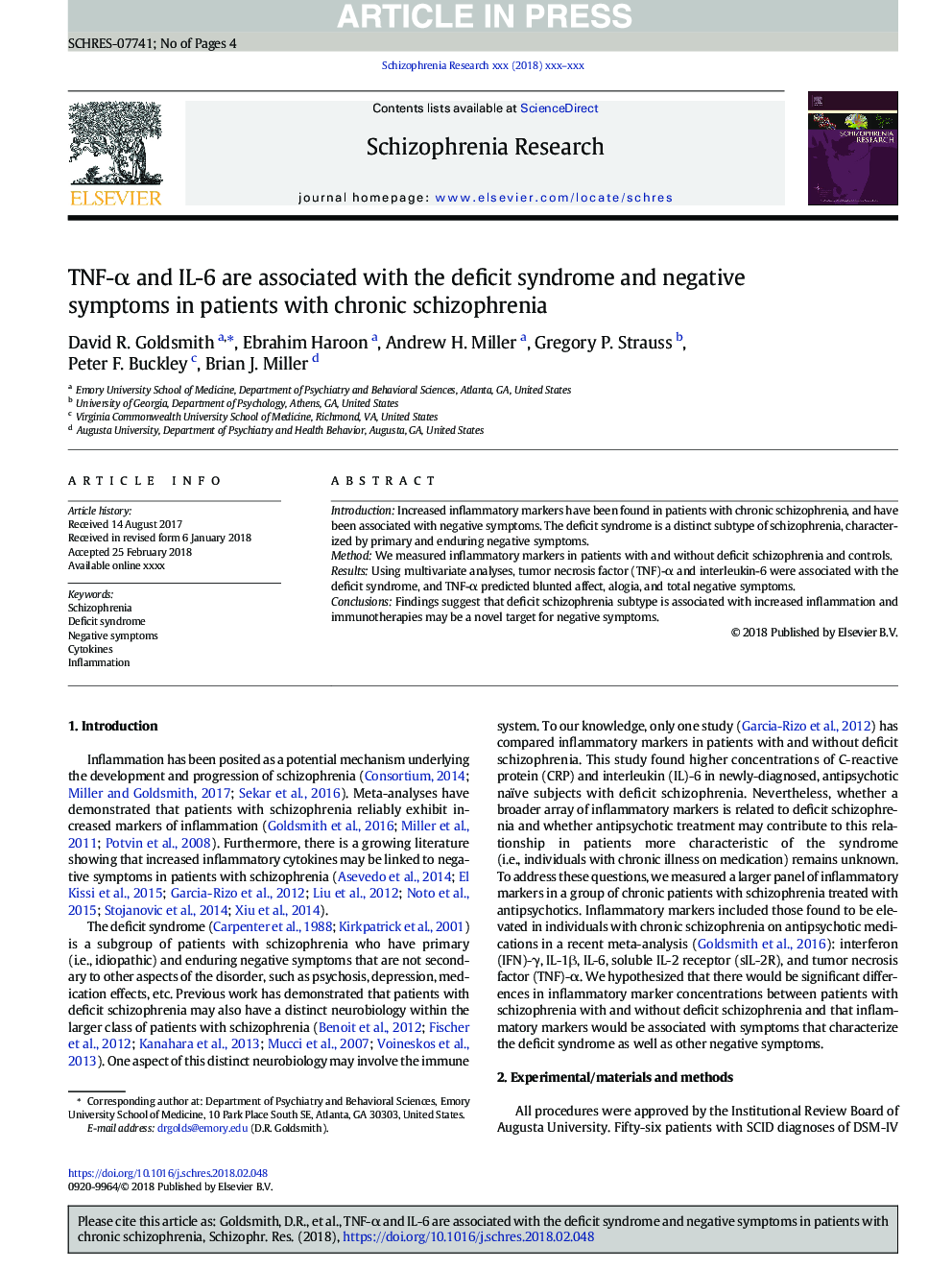 TNF-Î± and IL-6 are associated with the deficit syndrome and negative symptoms in patients with chronic schizophrenia