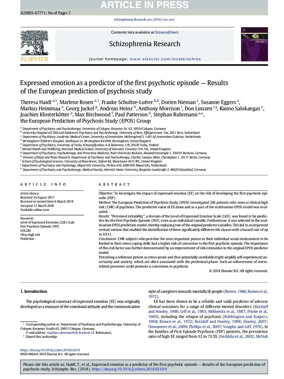 Expressed emotion as a predictor of the first psychotic episode - Results of the European prediction of psychosis study