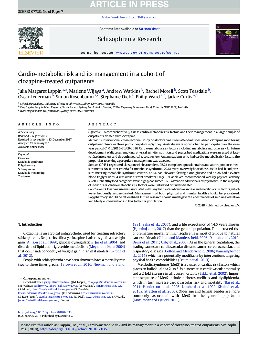 Cardio-metabolic risk and its management in a cohort of clozapine-treated outpatients