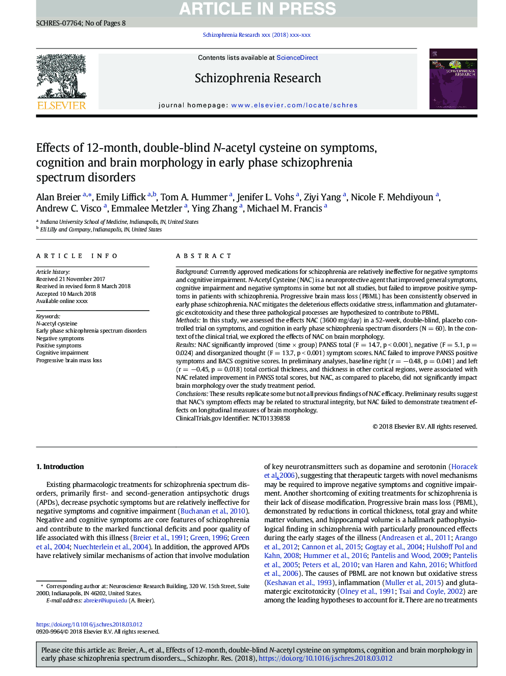 Effects of 12-month, double-blind N-acetyl cysteine on symptoms, cognition and brain morphology in early phase schizophrenia spectrum disorders