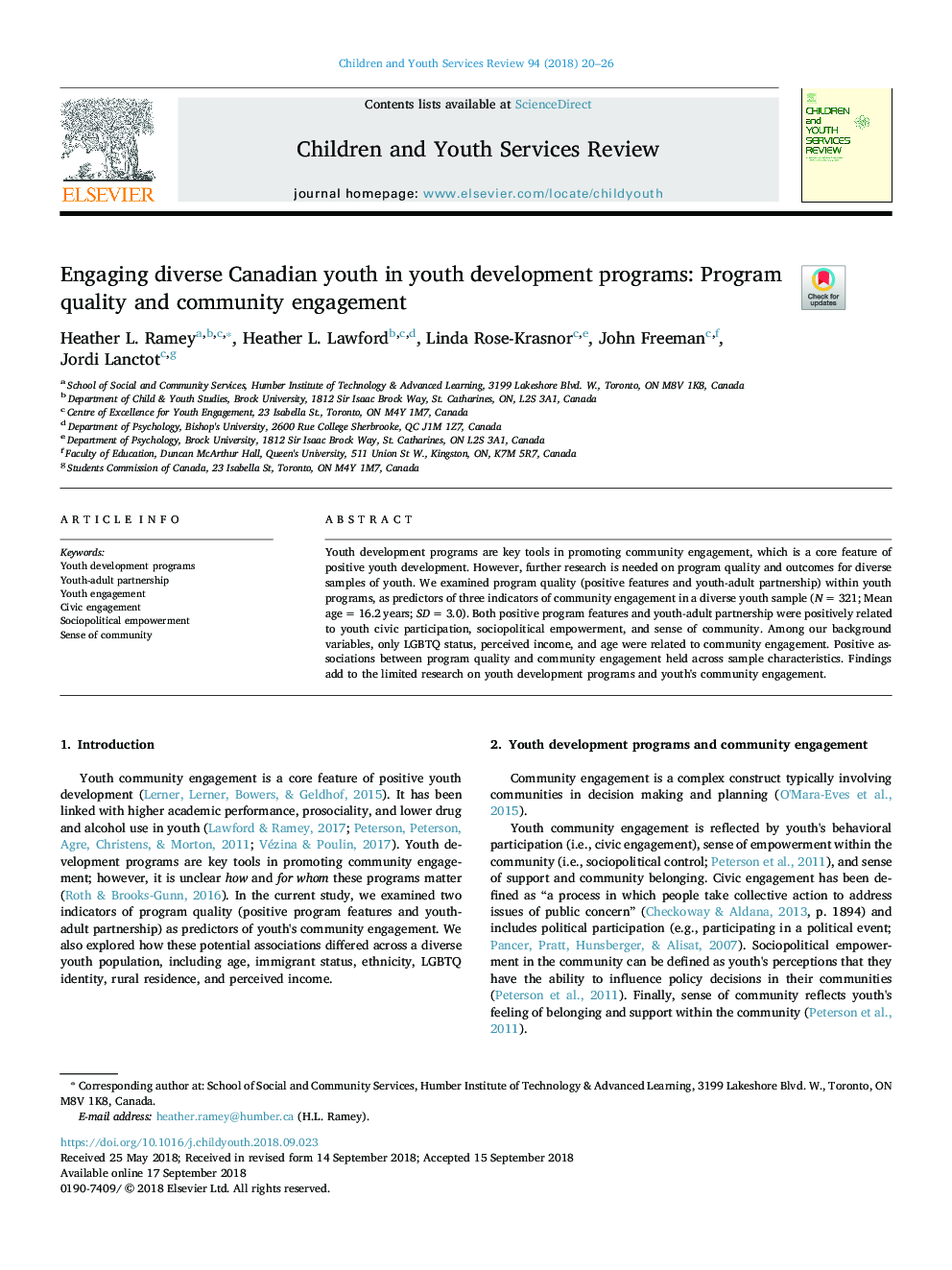 Engaging diverse Canadian youth in youth development programs: Program quality and community engagement