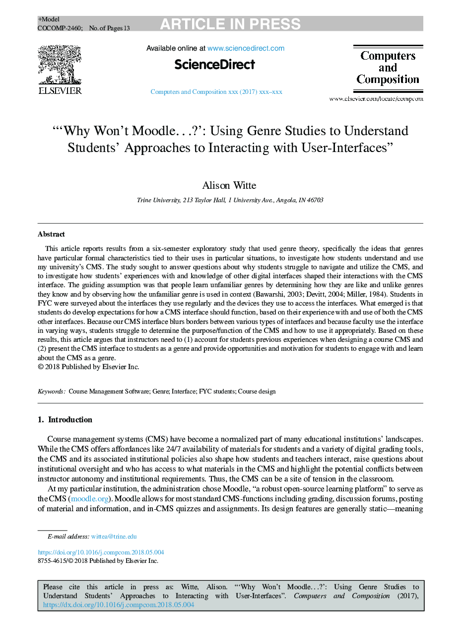 'Why Won't Moodleâ¦?': Using Genre Studies to Understand Students' Approaches to Interacting with User-Interfaces