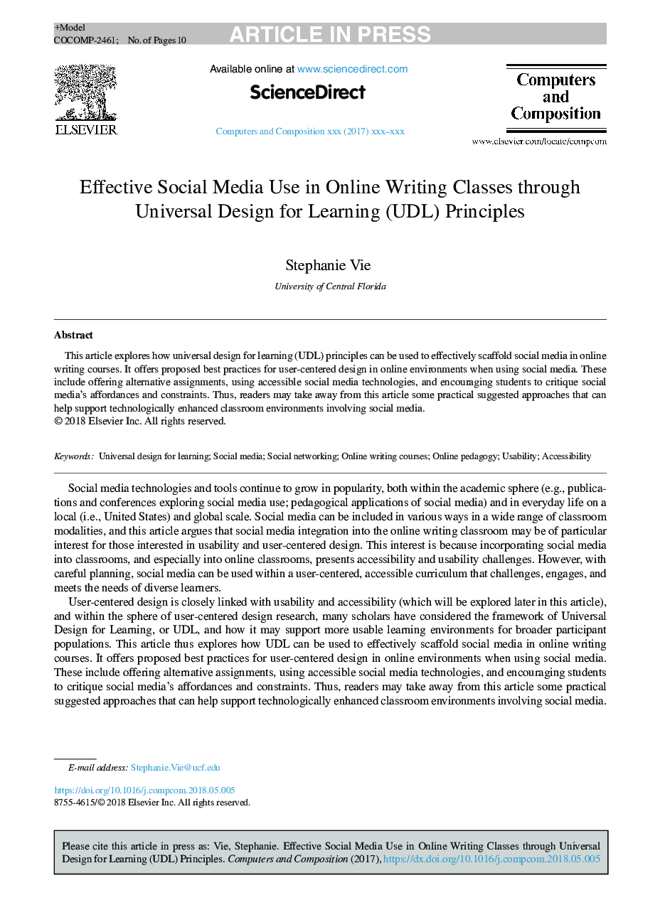 Effective Social Media Use in Online Writing Classes through Universal Design for Learning (UDL) Principles