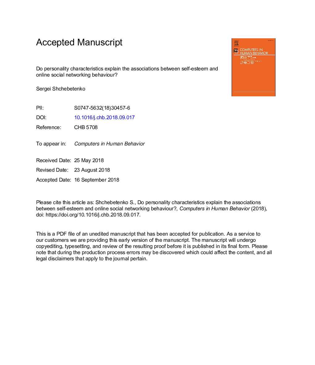 Do personality characteristics explain the associations between self-esteem and online social networking behaviour?