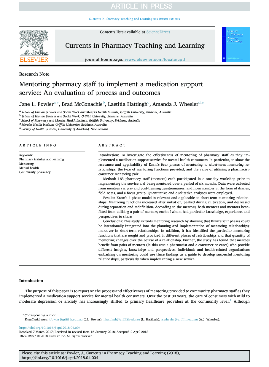 Mentoring pharmacy staff to implement a medication support service: An evaluation of process and outcomes