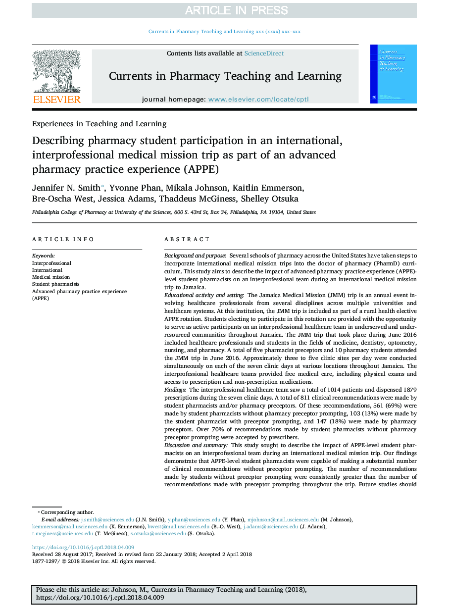 Describing pharmacy student participation in an international, interprofessional medical mission trip as part of an advanced pharmacy practice experience (APPE)