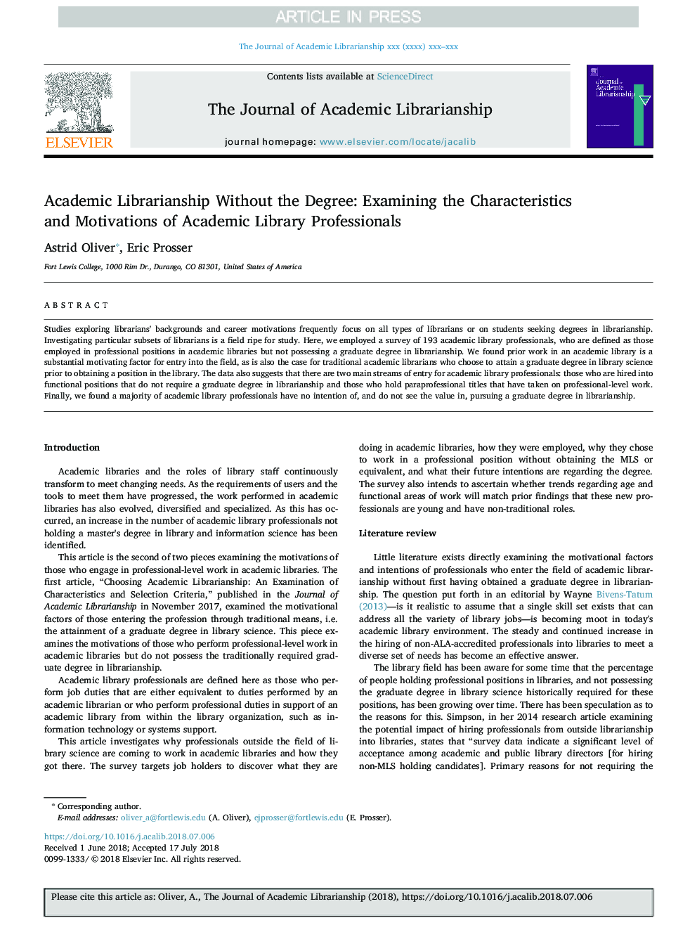 Academic Librarianship Without the Degree: Examining the Characteristics and Motivations of Academic Library Professionals