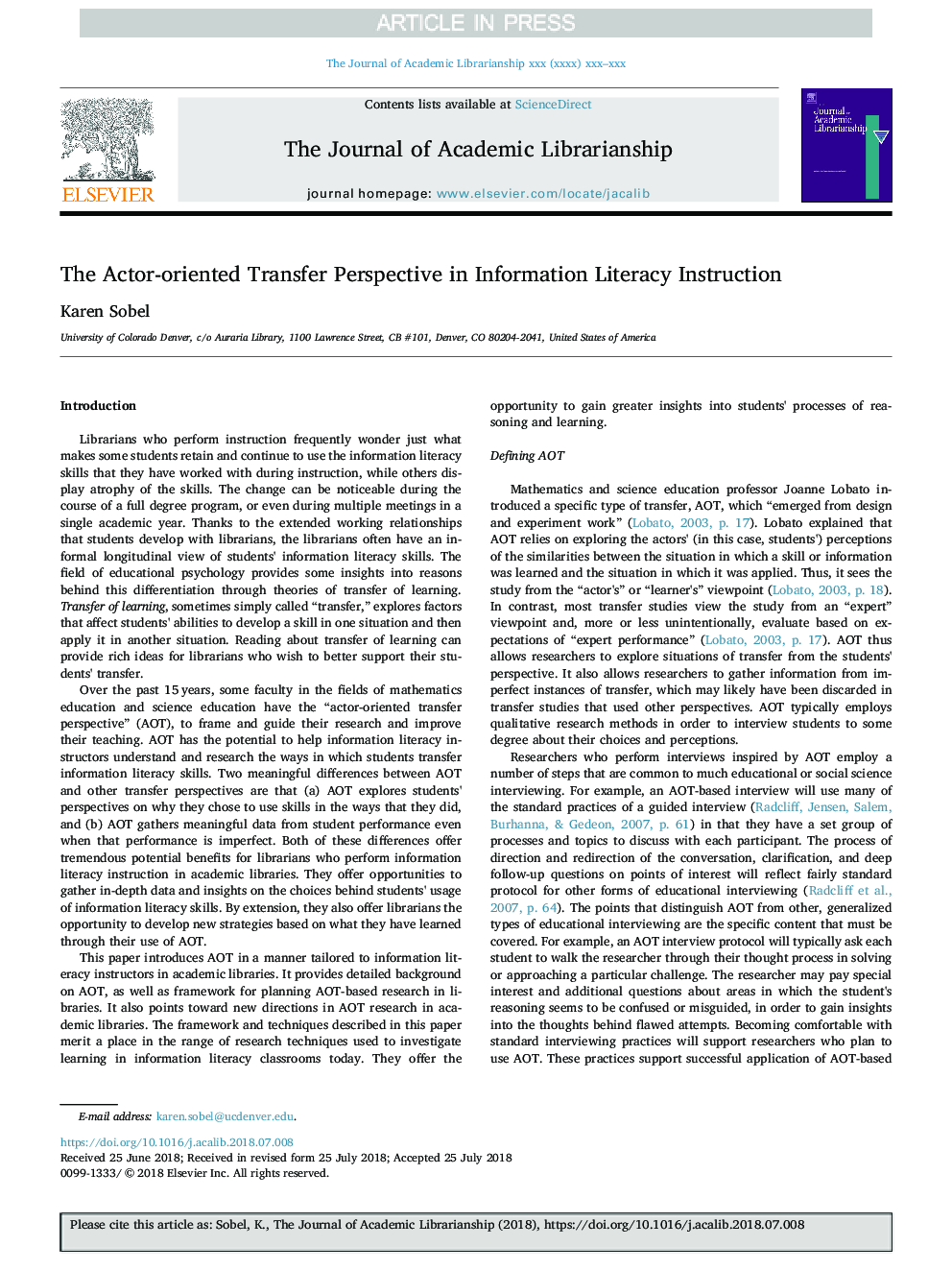 The Actor-oriented Transfer Perspective in Information Literacy Instruction