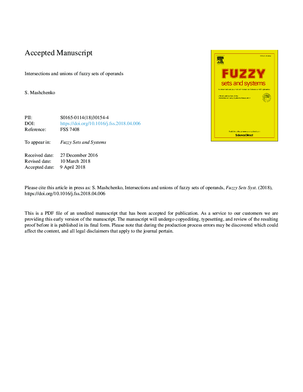 Intersections and unions of fuzzy sets of operands