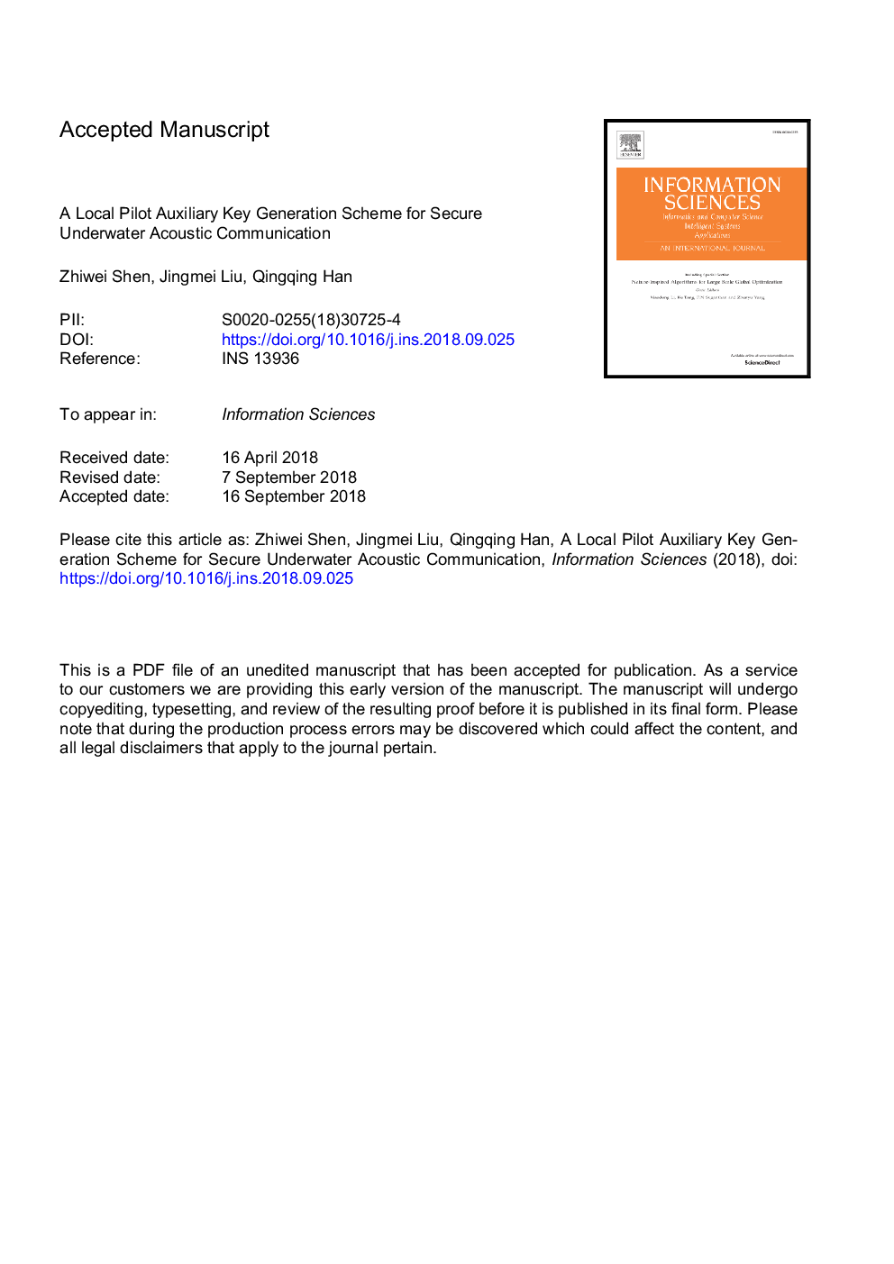 A local pilot auxiliary key generation scheme for secure underwater acoustic communication