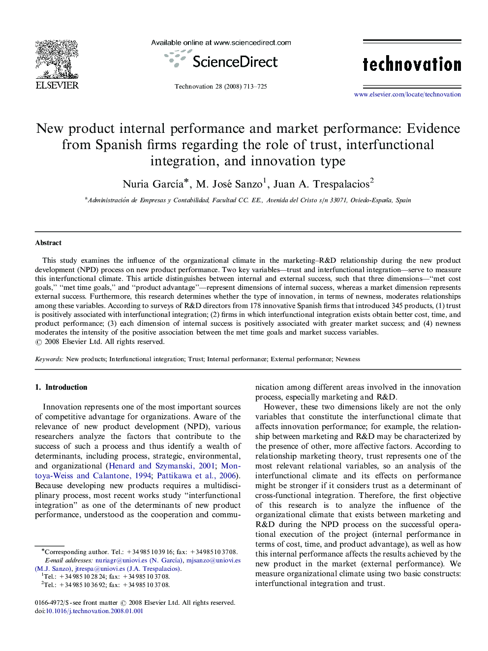 New product internal performance and market performance: Evidence from Spanish firms regarding the role of trust, interfunctional integration, and innovation type