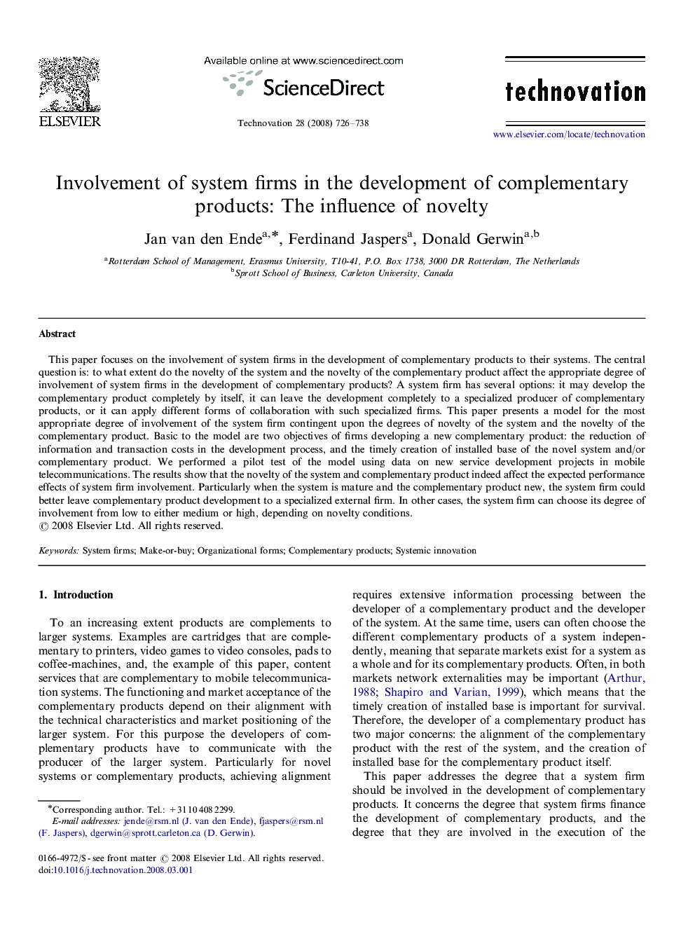 Involvement of system firms in the development of complementary products: The influence of novelty