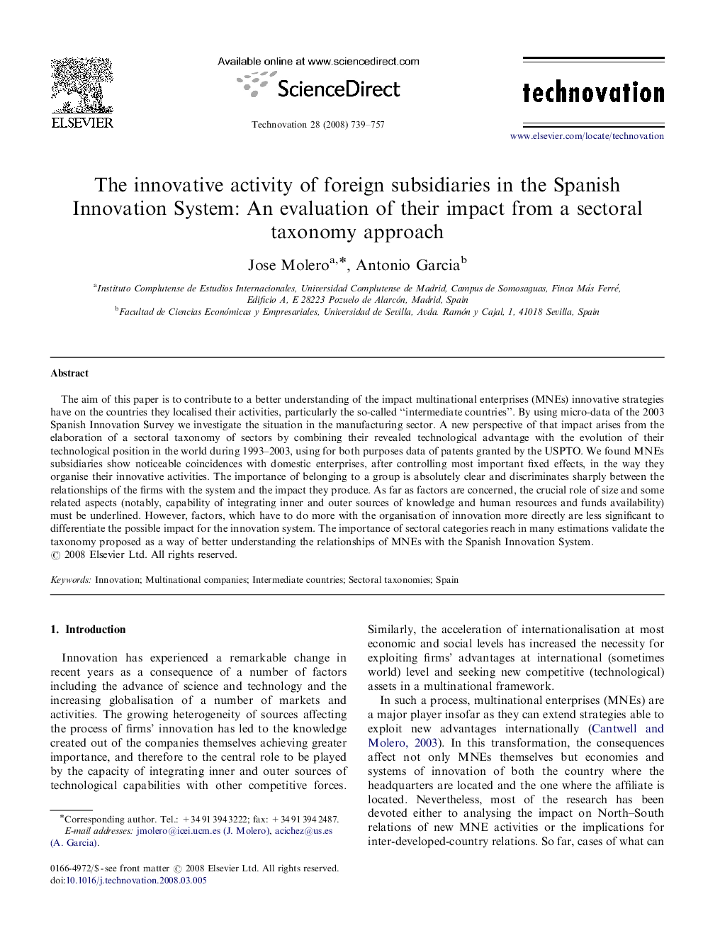 The innovative activity of foreign subsidiaries in the Spanish Innovation System: An evaluation of their impact from a sectoral taxonomy approach