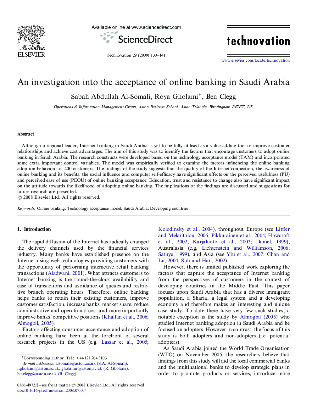 An investigation into the acceptance of online banking in Saudi Arabia