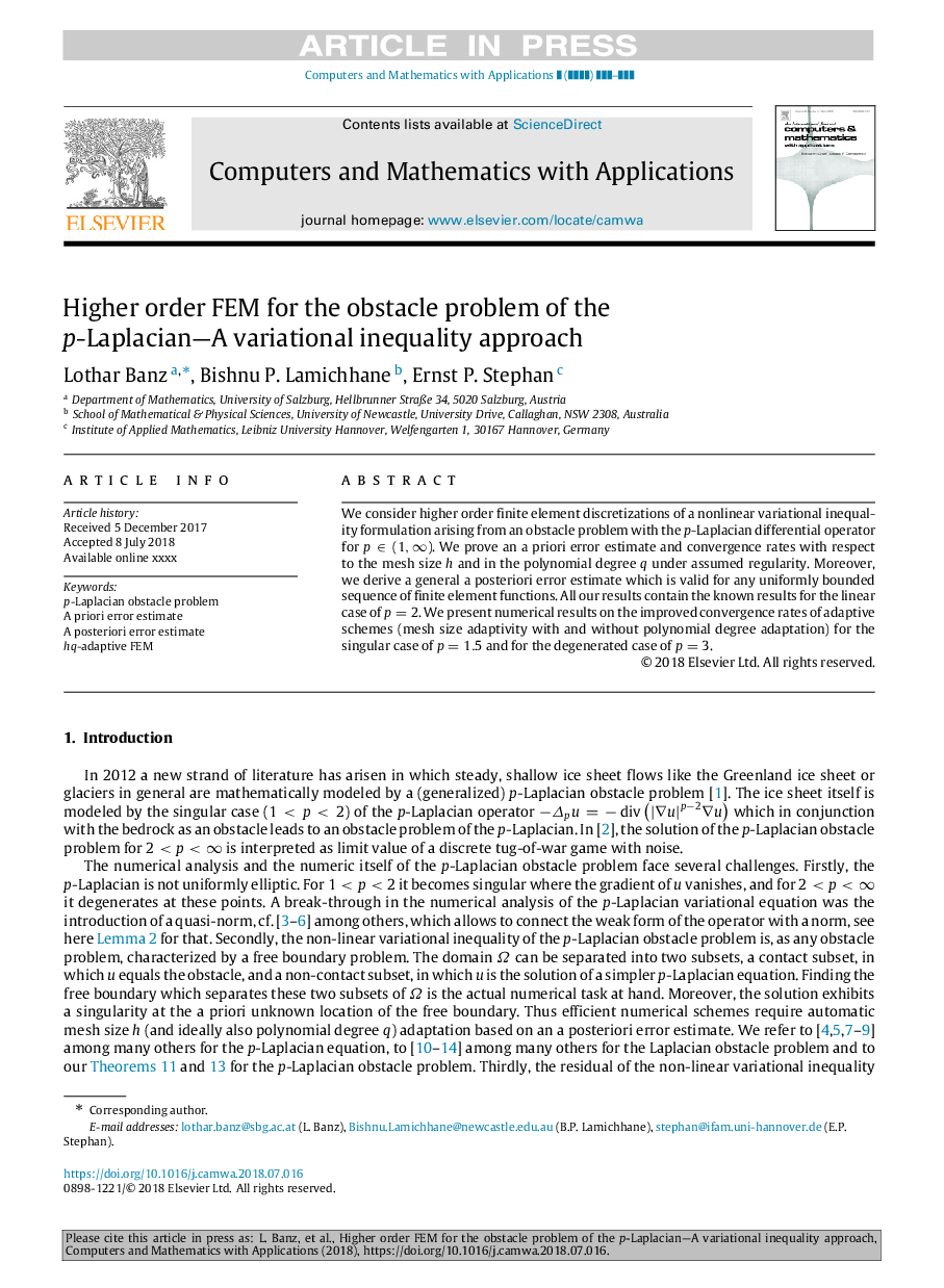 Higher order FEM for the obstacle problem of the p-Laplacian-A variational inequality approach