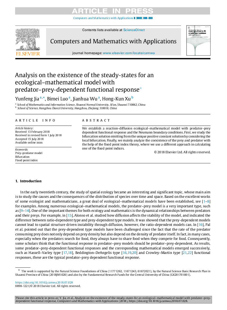 Analysis on the existence of the steady-states for an ecological-mathematical model with predator-prey-dependent functional response