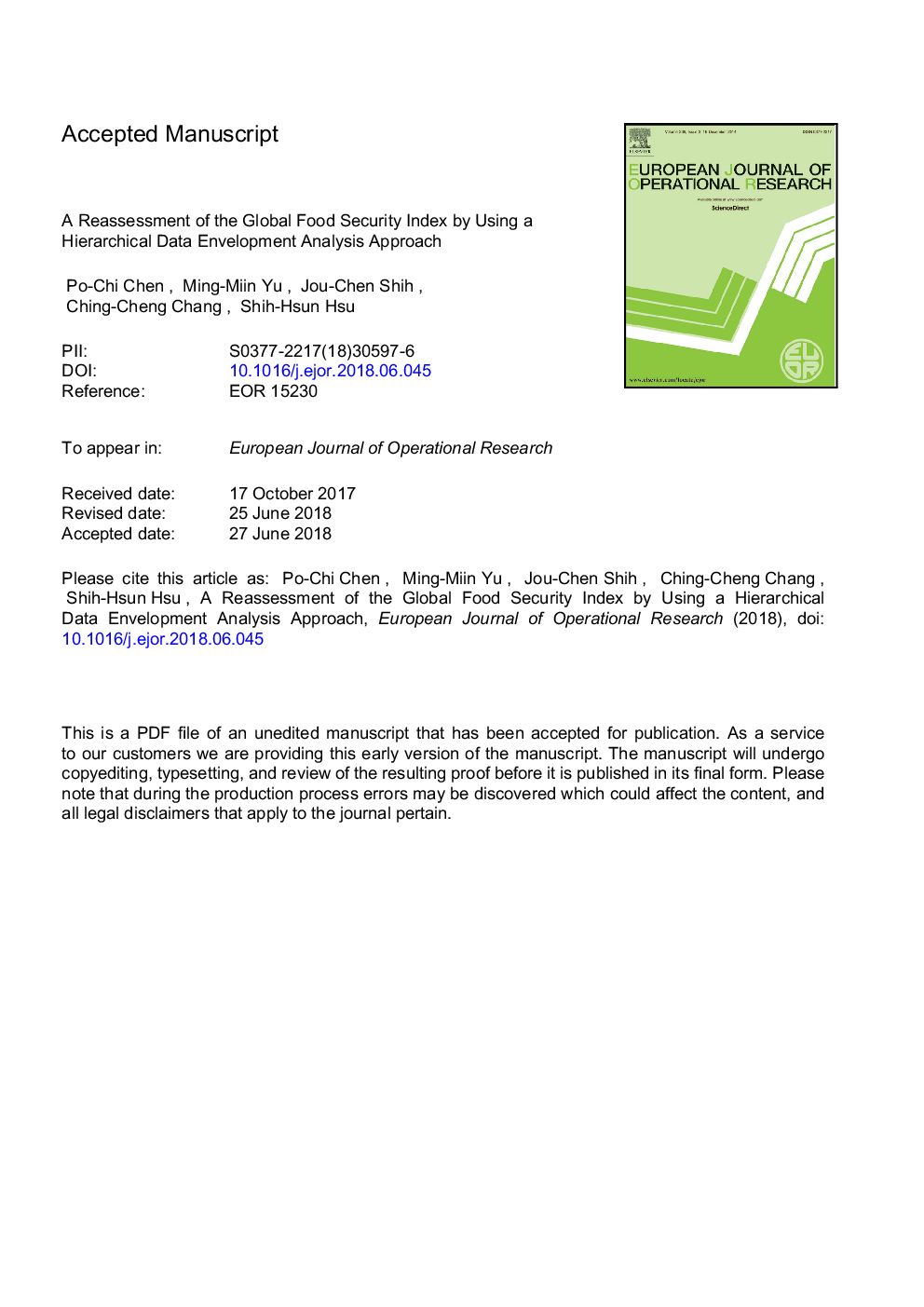 A reassessment of the Global Food Security Index by using a hierarchical data envelopment analysis approach