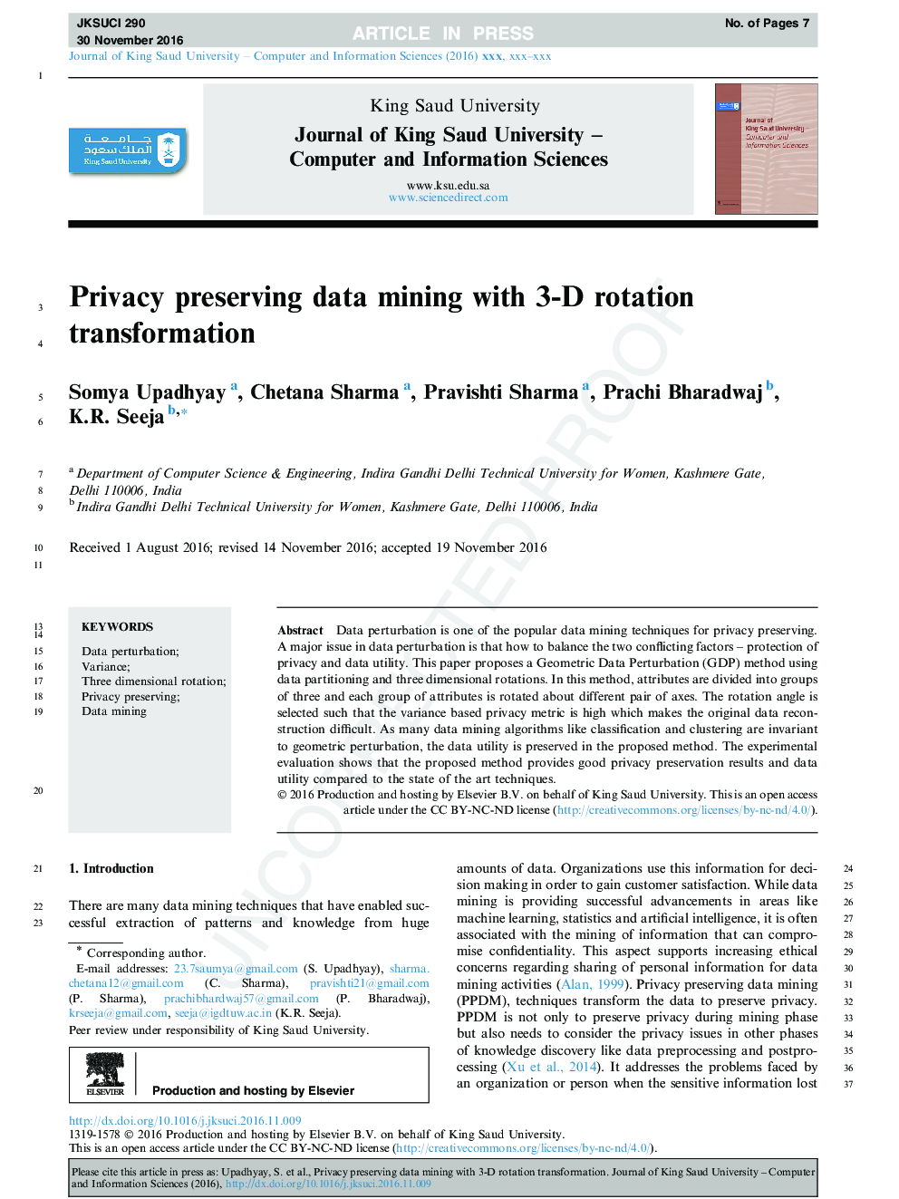 Privacy preserving data mining with 3-D rotation transformation
