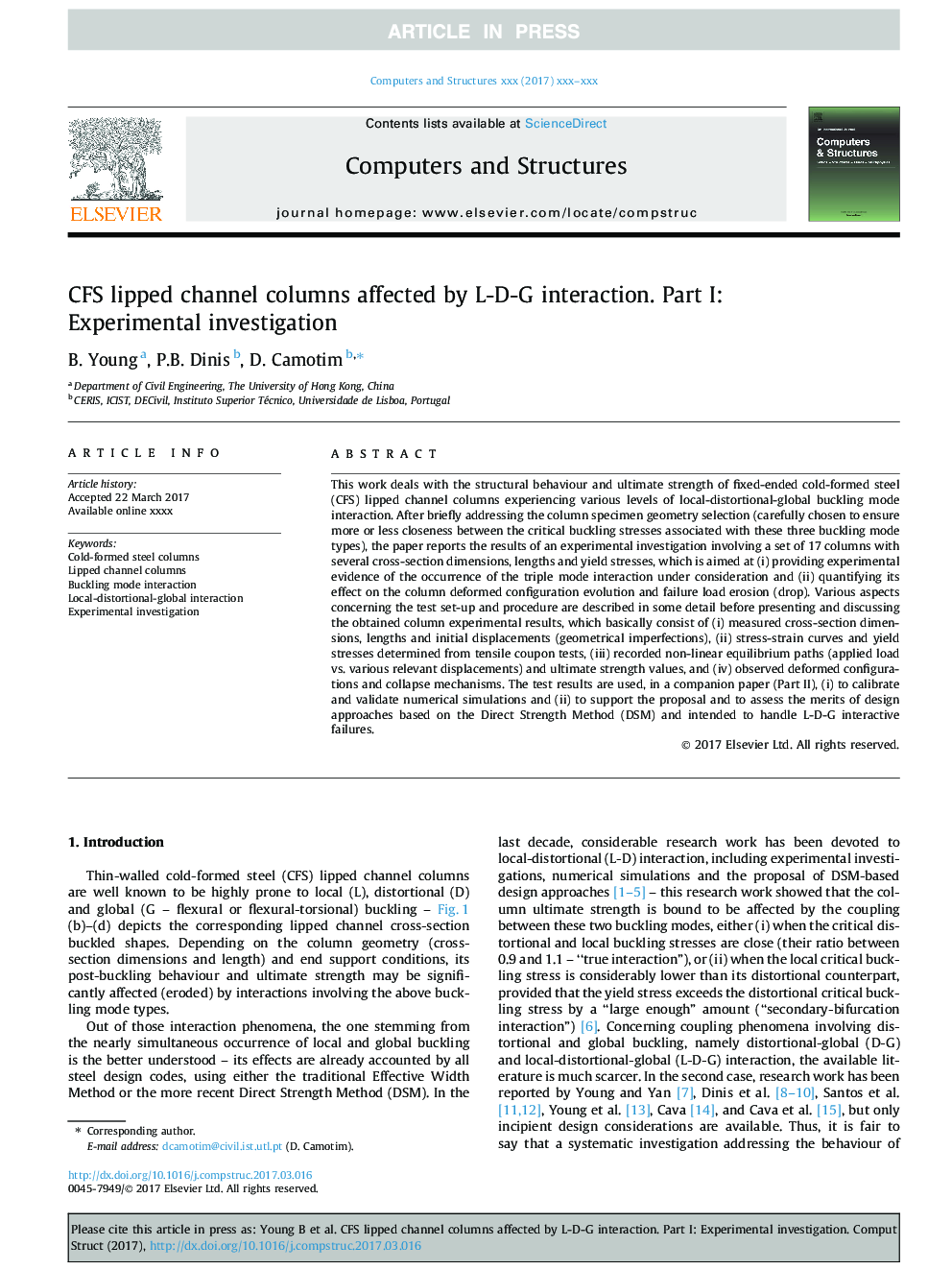 CFS lipped channel columns affected by L-D-G interaction. Part I: Experimental investigation