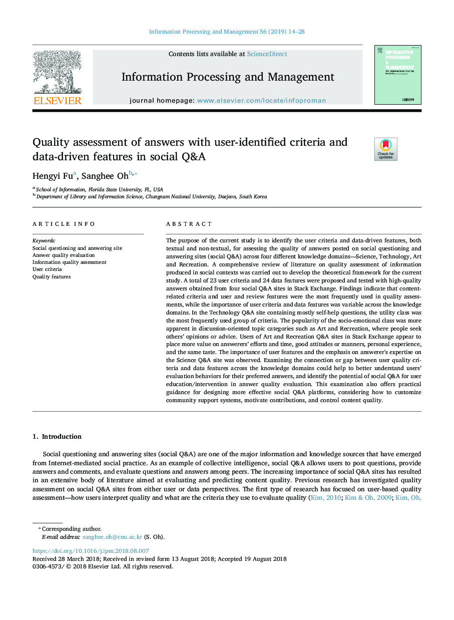 Quality assessment of answers with user-identified criteria and data-driven features in social Q&A