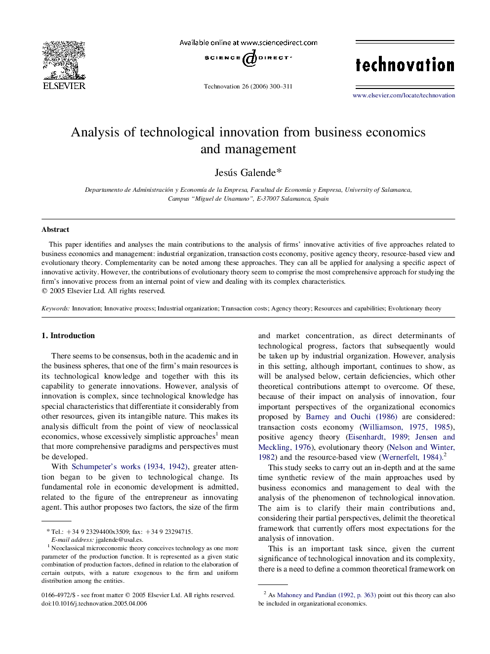 Analysis of technological innovation from business economics and management