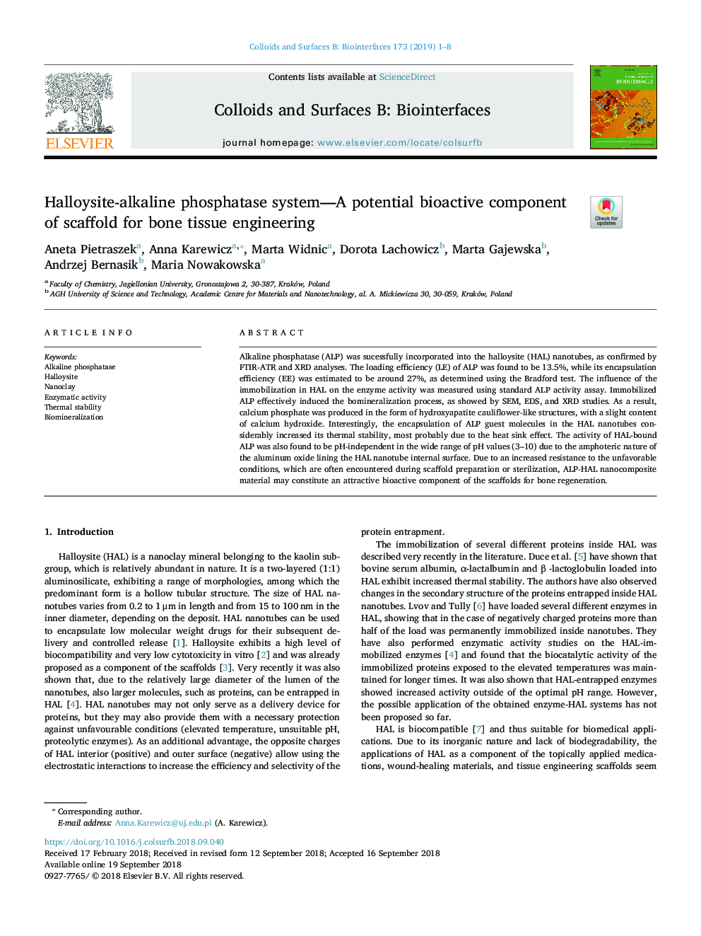 Halloysite-alkaline phosphatase system-A potential bioactive component of scaffold for bone tissue engineering