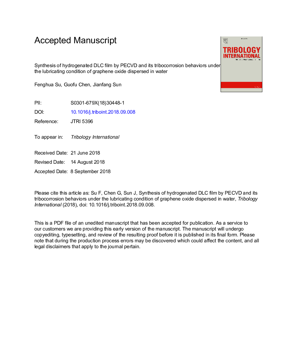 Synthesis of hydrogenated DLC film by PECVD and its tribocorrosion behaviors under the lubricating condition of graphene oxide dispersed in water