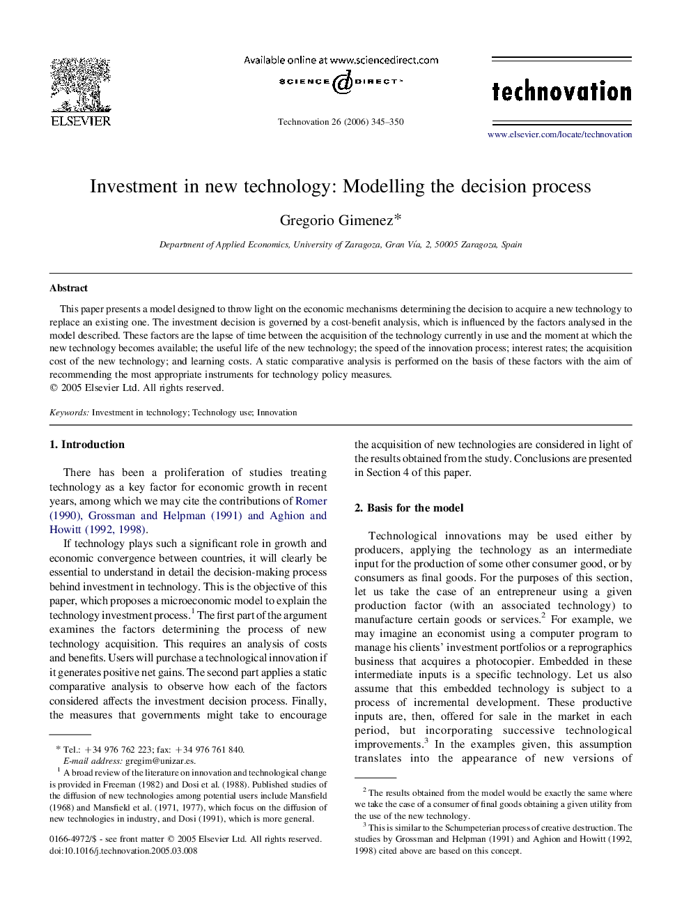 Investment in new technology: Modelling the decision process