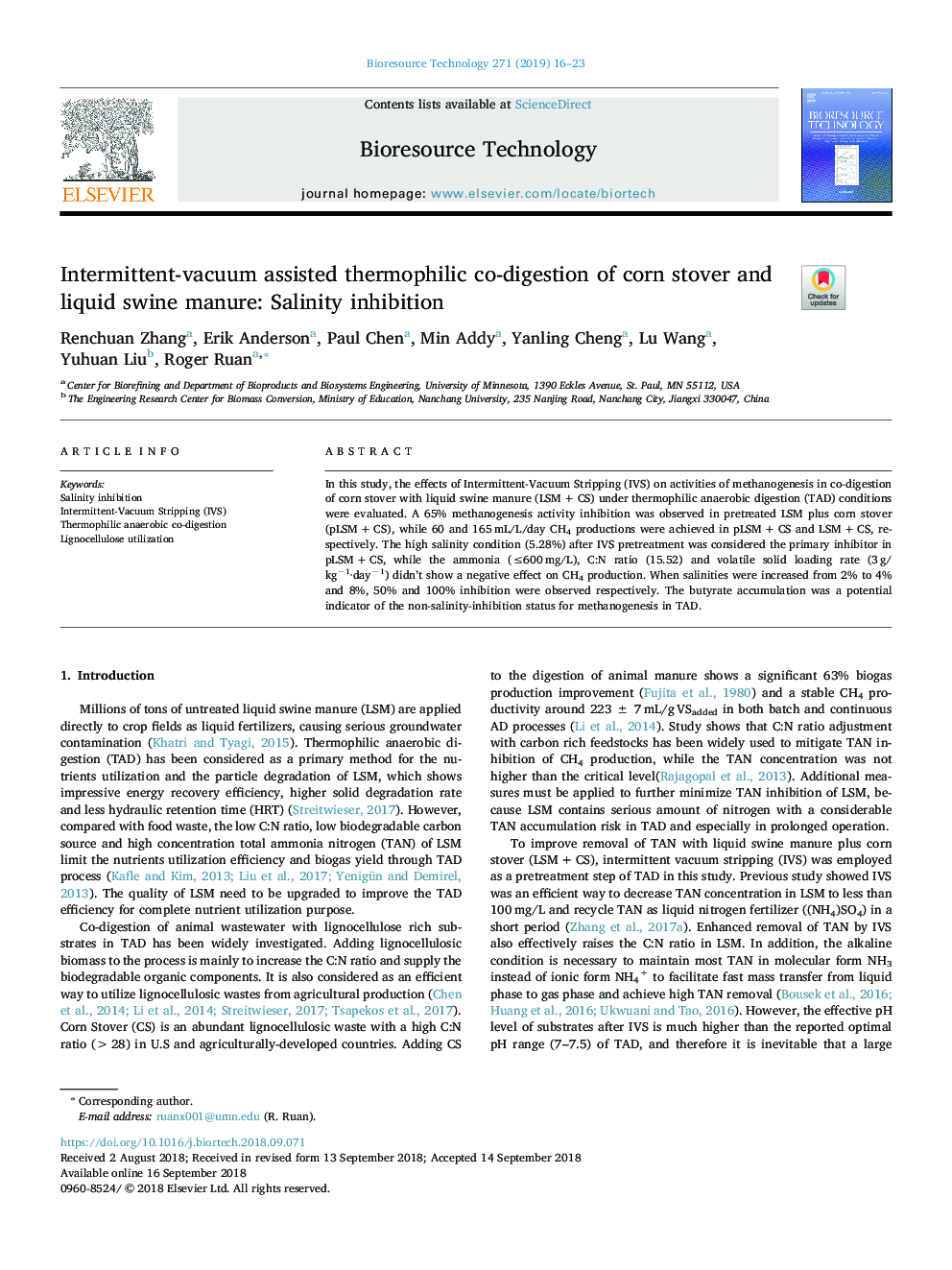 Intermittent-vacuum assisted thermophilic co-digestion of corn stover and liquid swine manure: Salinity inhibition